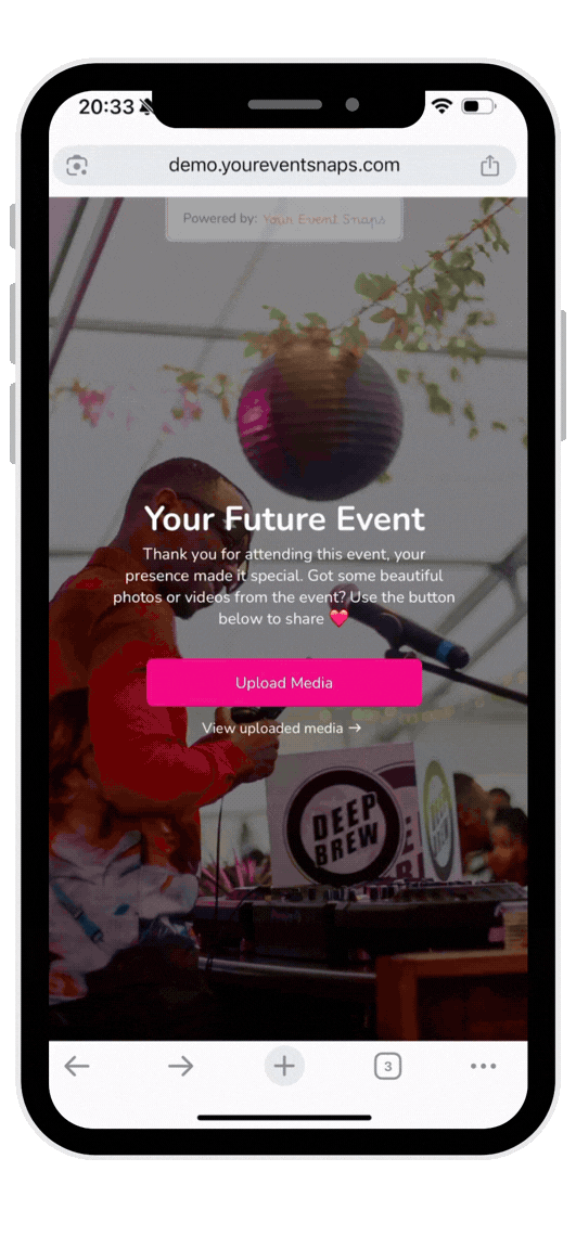 Attendee scanning a QR code and uploading photos to Your Event Snaps